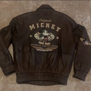 Rare Vintage Mickey Mouse Brown Leather Aviation Jacket Small